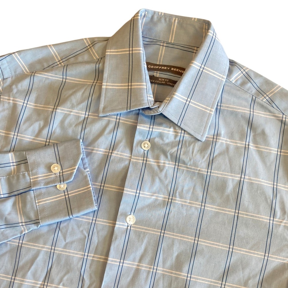 Geoffrey Beene Mens XS Slim Fit Flex Collar Stretch Dress Shirt Blue Grid Plaid
